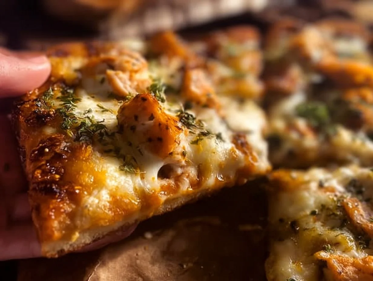 BBQ chicken flatbread pizza topped with cheese and fresh herbs