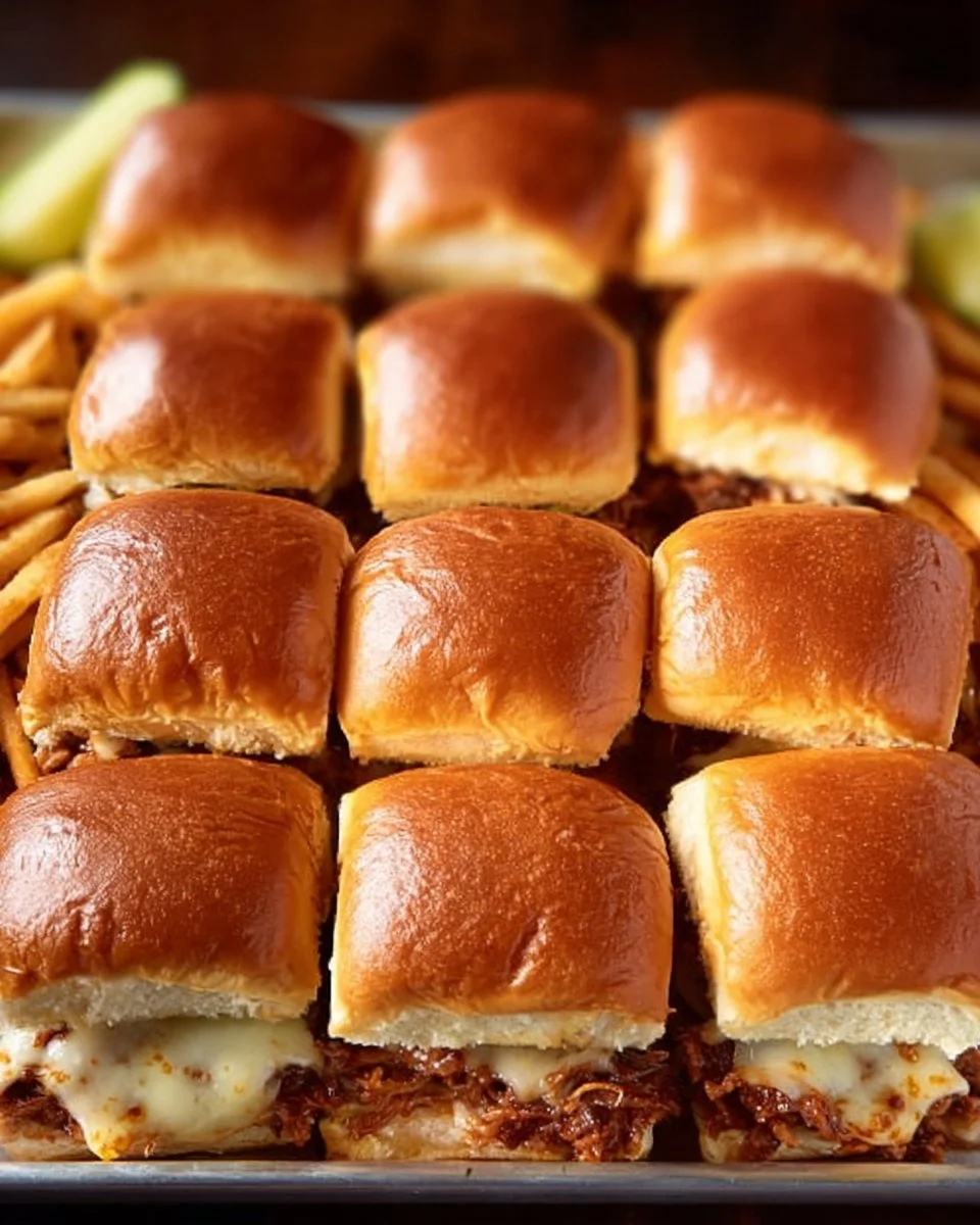 BBQ Pork Burger Sliders BBQ Pork Burger BBQ Pork Burger Sliders with coleslaw and sauce on a wooden platter