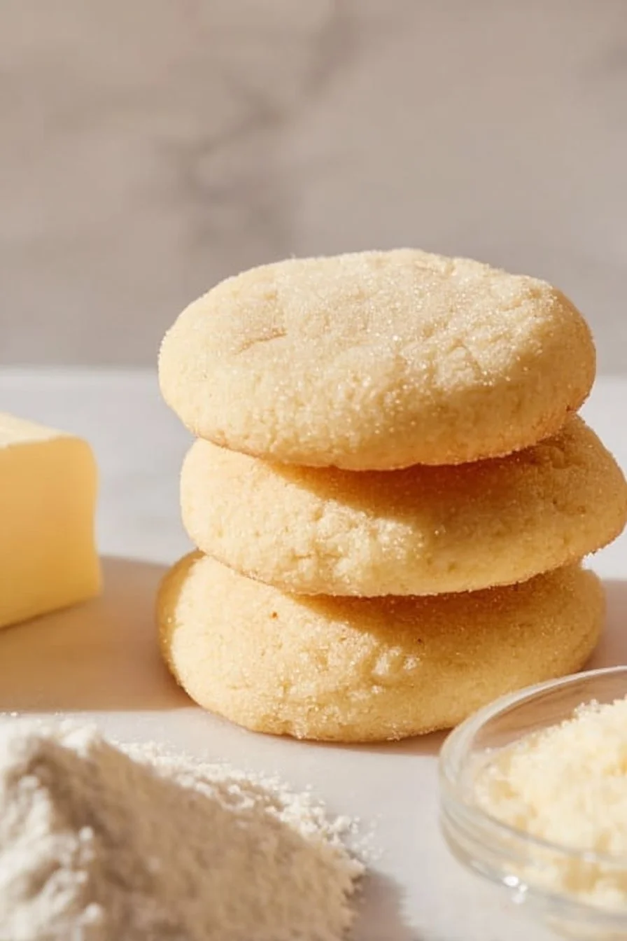 BEST 3 INGREDIENT SUGAR COOKIES RECIPE sugar cookies Delicious 3 ingredient sugar cookies on a baking tray fresh out of the oven