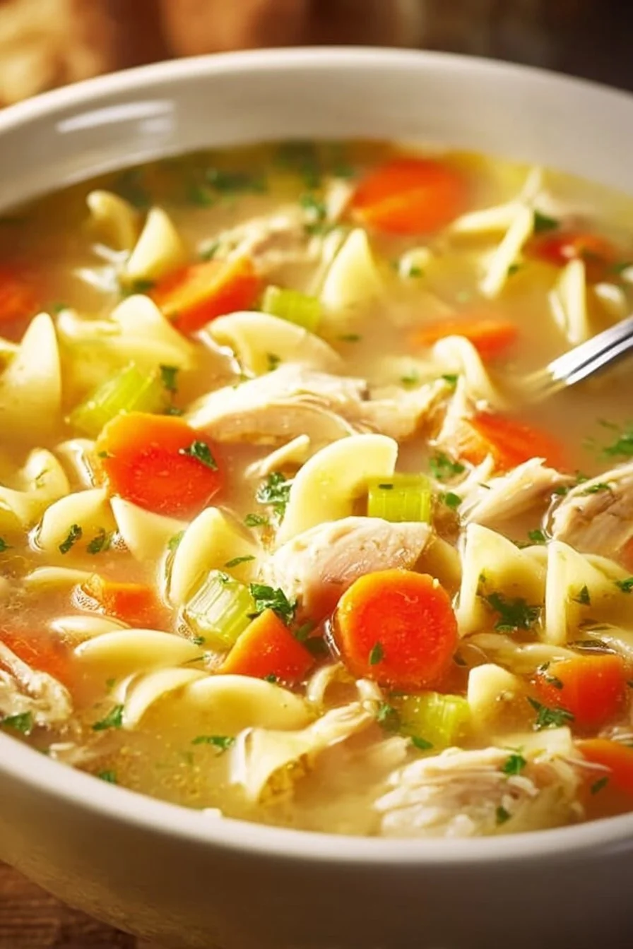 Bowl of delicious homemade chicken noodle soup with fresh ingredients
