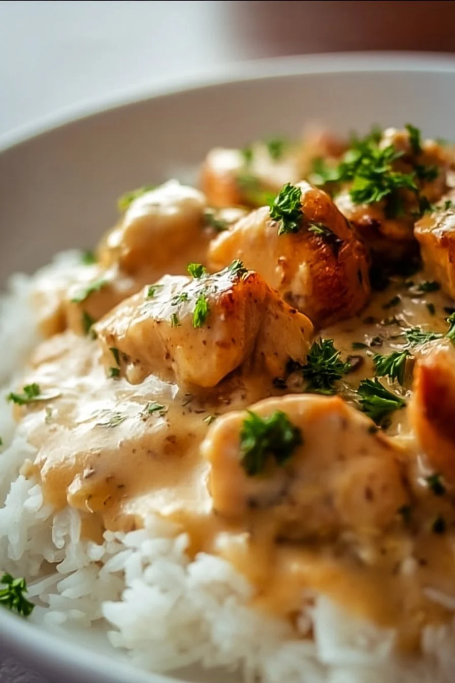 Delicious plate of smothered chicken served with rice and rich gravy