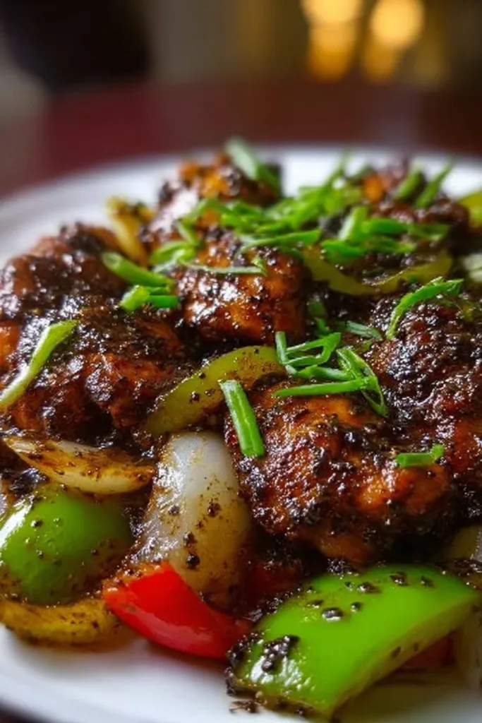 Delicious Black Pepper Chicken served with fresh vegetables