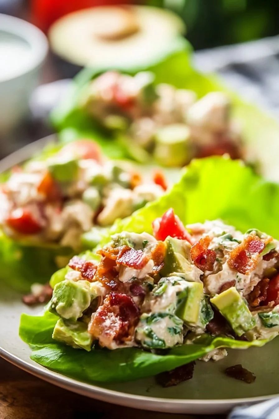 BLT Chicken Salad Lettuce Wraps BLT Chicken Salad Delicious BLT Chicken Salad Lettuce Wraps served on a white plate