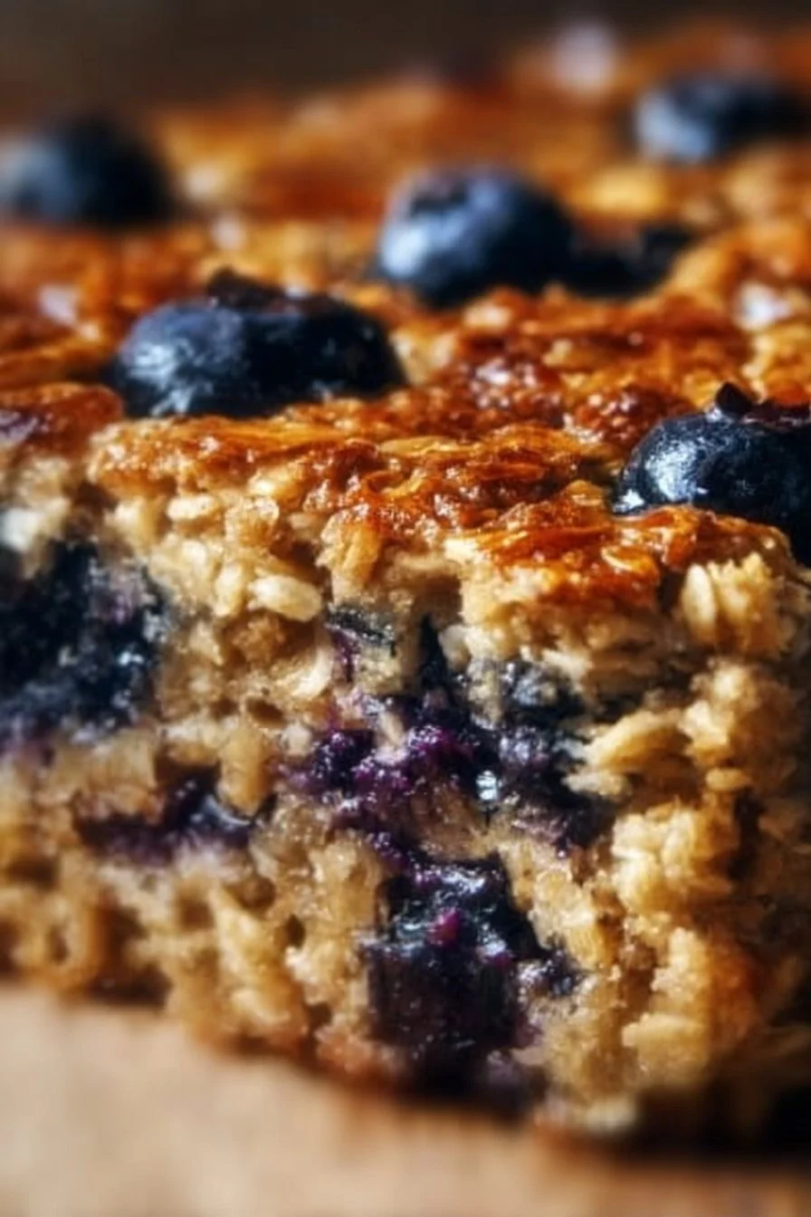 Delicious blueberry baked oatmeal topped with fresh blueberries and walnuts.
