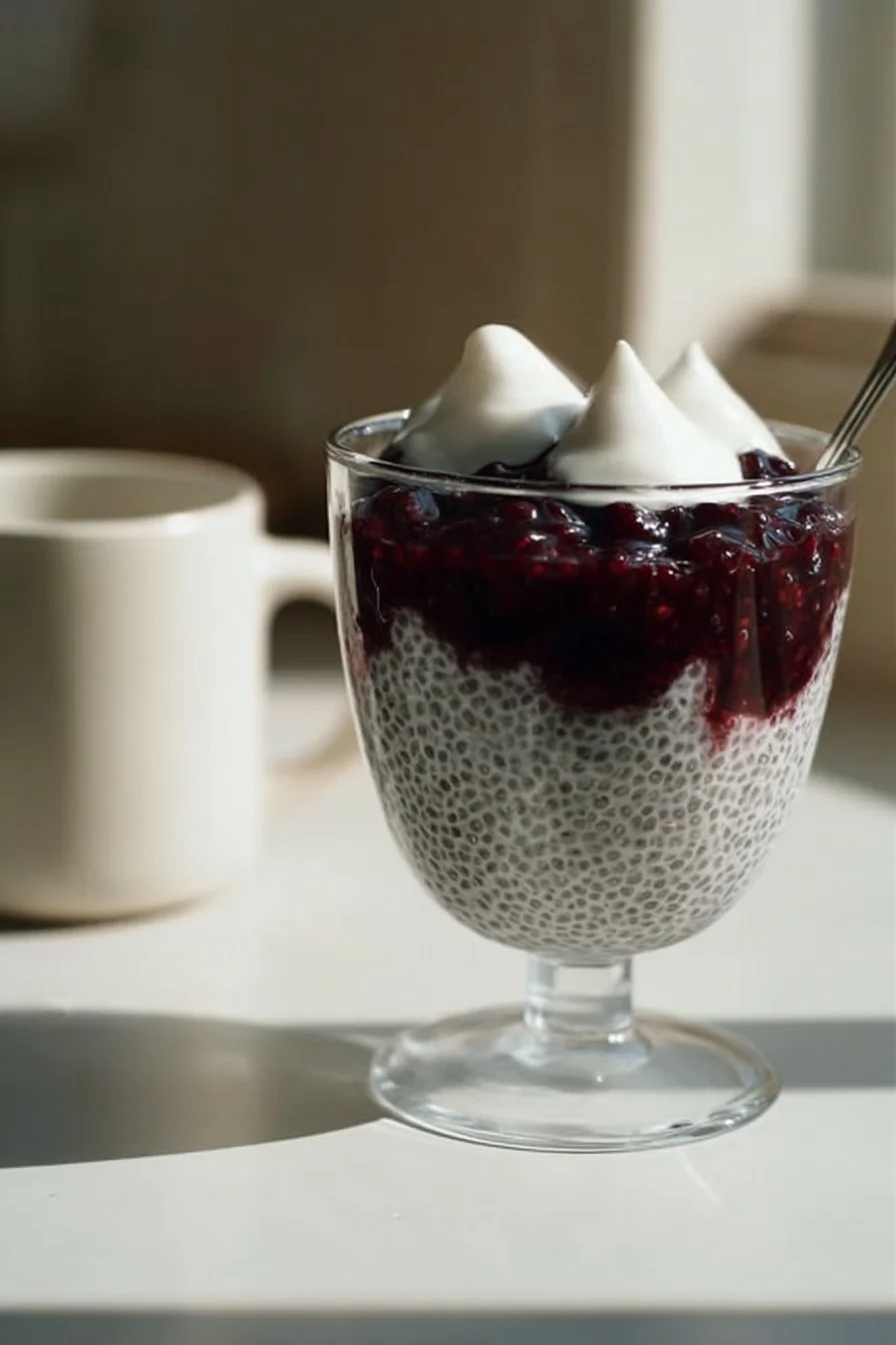 A delicious Blueberry Chia Breakfast Bowl topped with fresh blueberries and coconut.