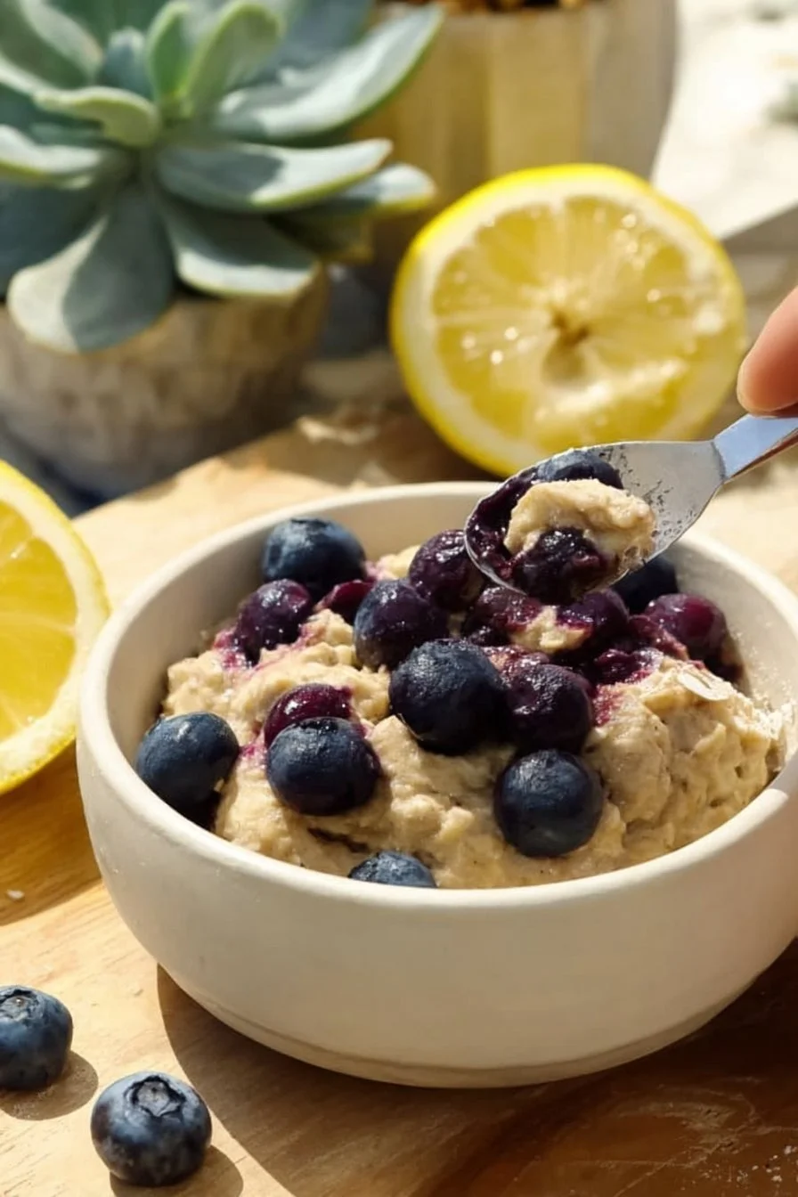 Plate of Blueberry Lemon Baked Oats topped with fresh blueberries and lemon zest.
