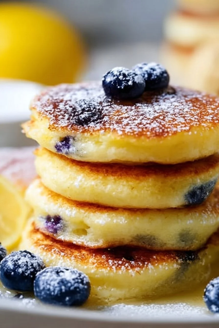 Blueberry lemon pancake bites served on a plate with fresh blueberries.