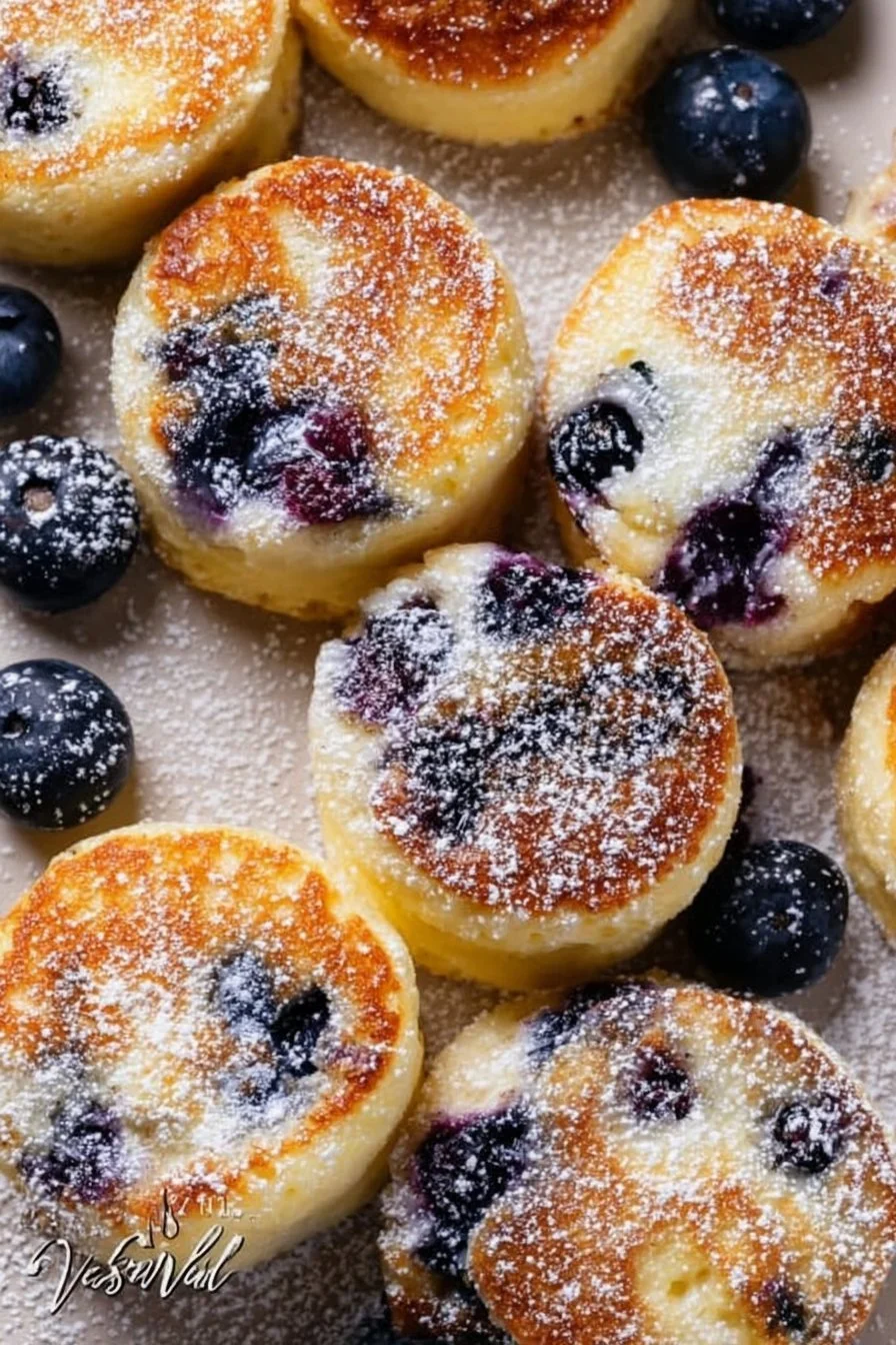 Blueberry lemon pancake bites served on a plate with fresh blueberries