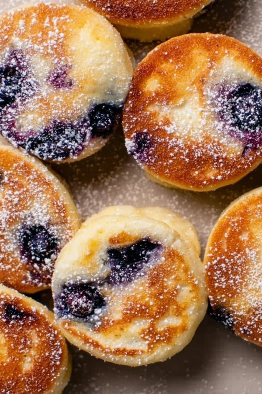 Blueberry lemon pancake bites served on a plate, garnished with fresh blueberries.