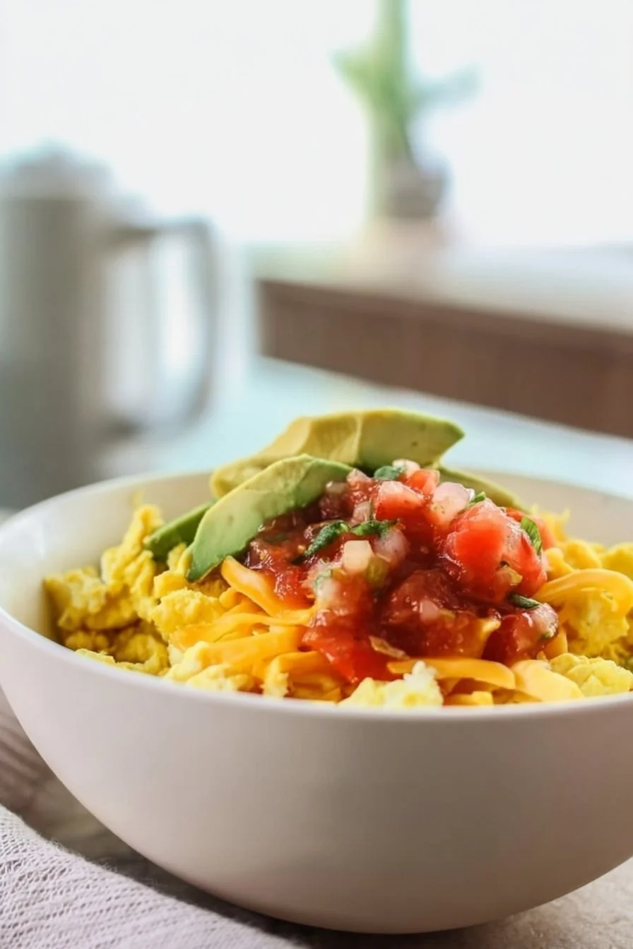 Delicious Breakfast Burrito Bowl with eggs, vegetables, and salsa