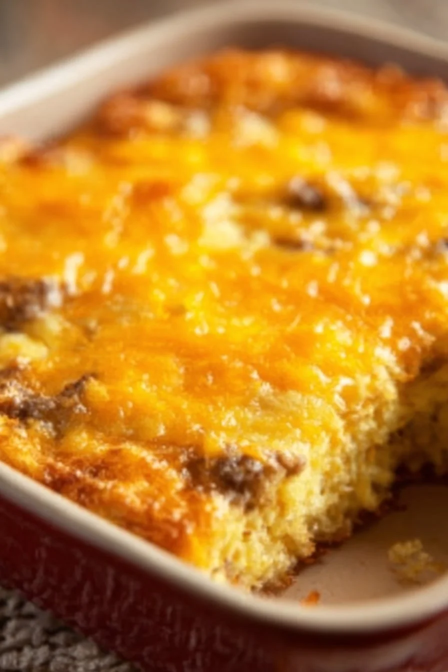 Delicious breakfast casserole served in a baking dish with eggs and vegetables