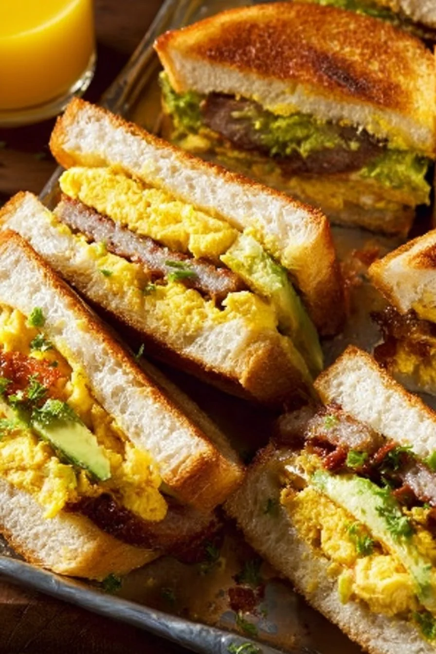 Breakfast Club Sandwich with eggs, bacon, and cheese on toasted bread