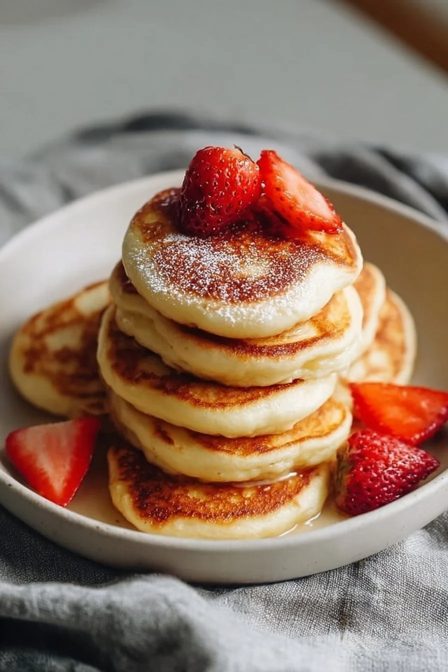 Delicious breakfast pancake poppers served on a plate with syrup and berries.