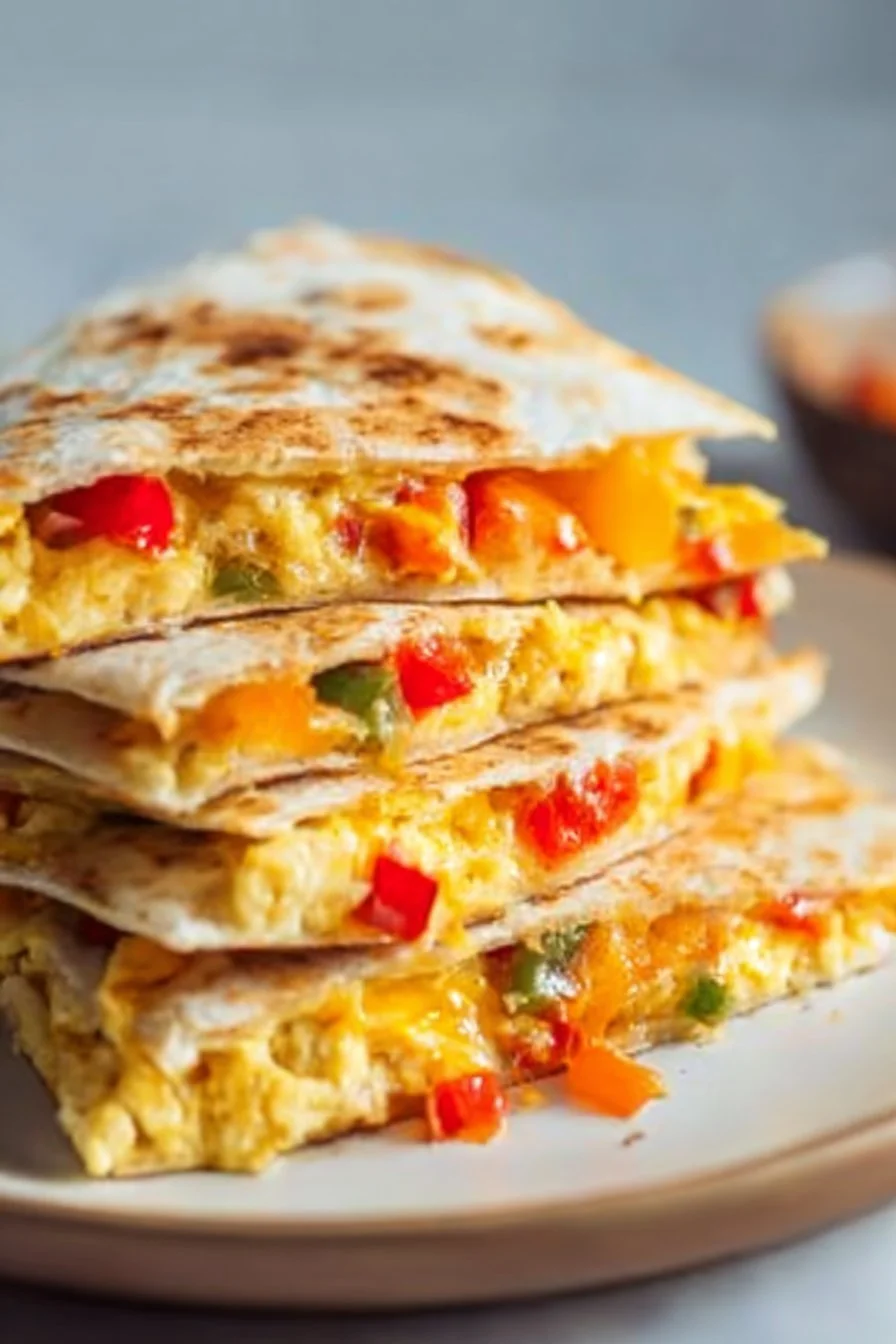 Delicious breakfast quesadillas filled with eggs and cheese on a plate.