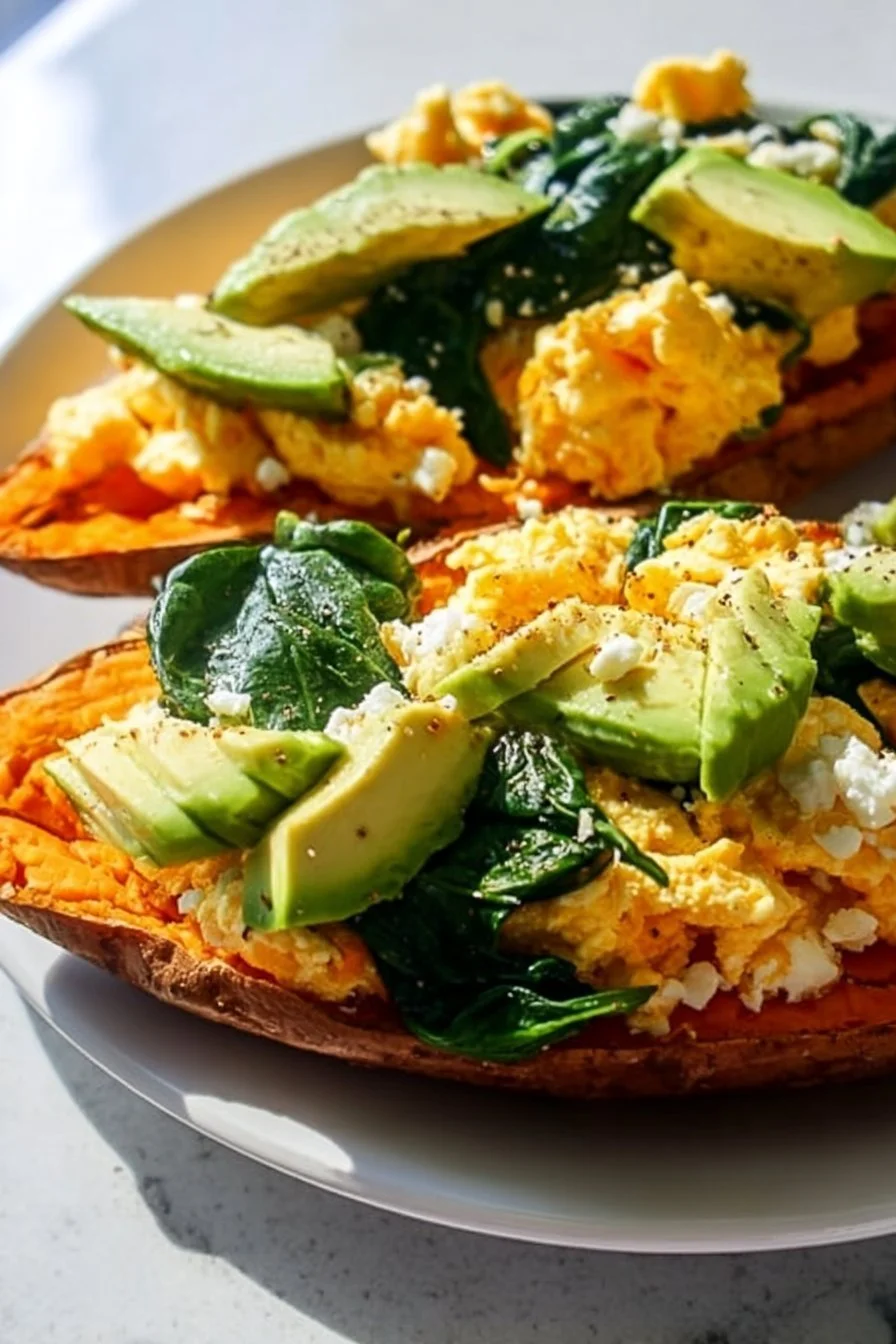 Delicious healthy breakfast sweet potato topped with yogurt and berries