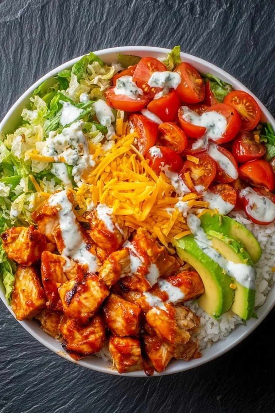 Buffalo Chicken Bowl with chicken, sauce, and toppings in a serving dish