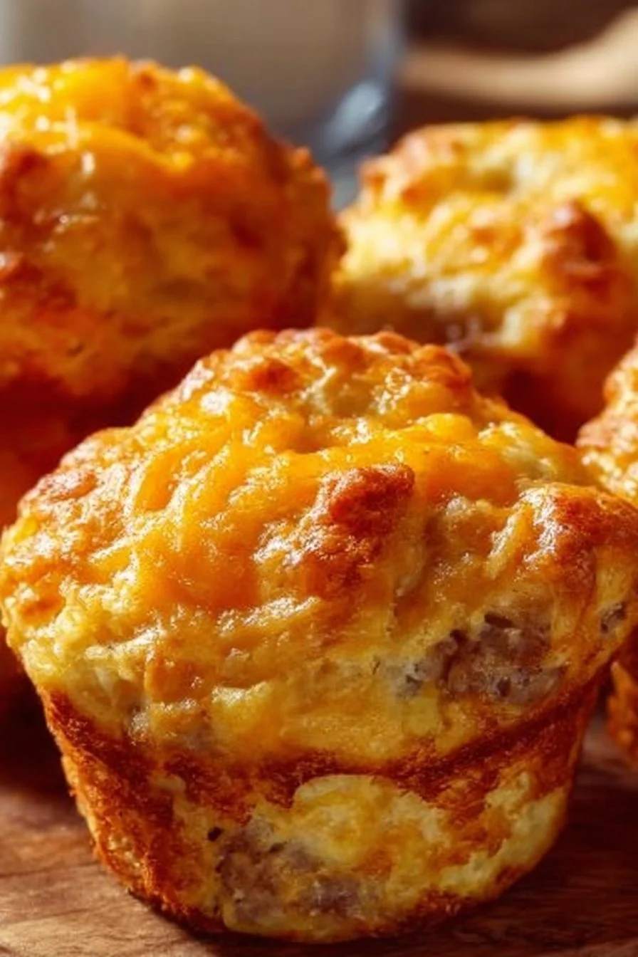 Cheddar Breakfast Sausage Muffins on a wooden plate