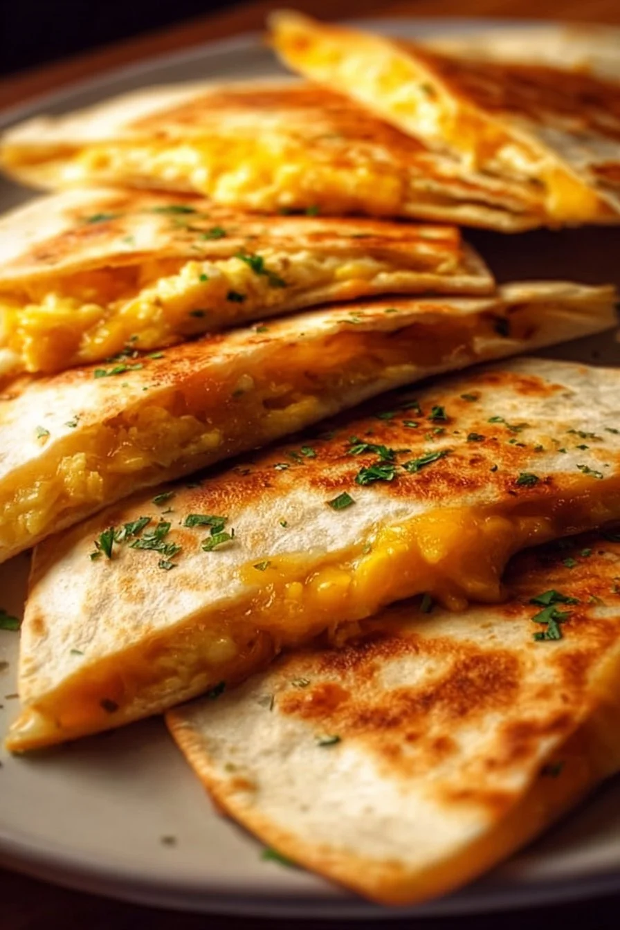 Cheddar Egg Quesadilla served on a plate with fresh herbs