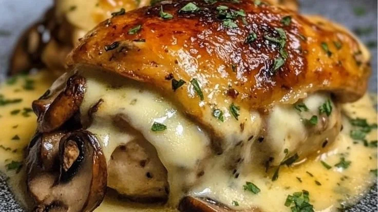 Cheesy Garlic Butter Mushroom Stuffed Chicken