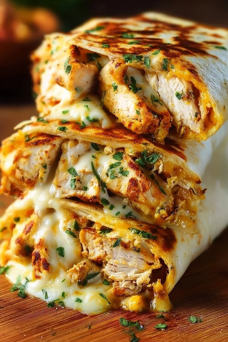 Delicious cheesy garlic chicken wraps served on a plate with fresh ingredients