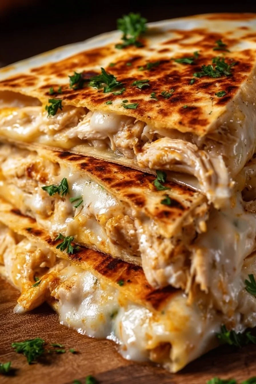 Cheesy garlic chicken wraps served on a plate with fresh herbs