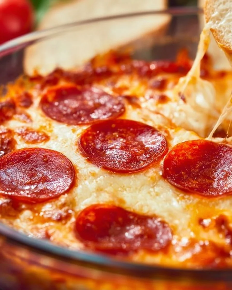 Cheesy Pepperoni Pizza Dip served with crispy tortilla chips