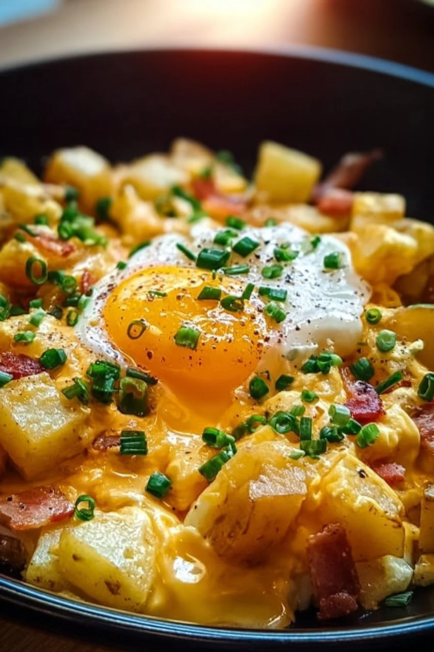 Cheesy potato egg scramble served in a bowl, garnished with herbs.