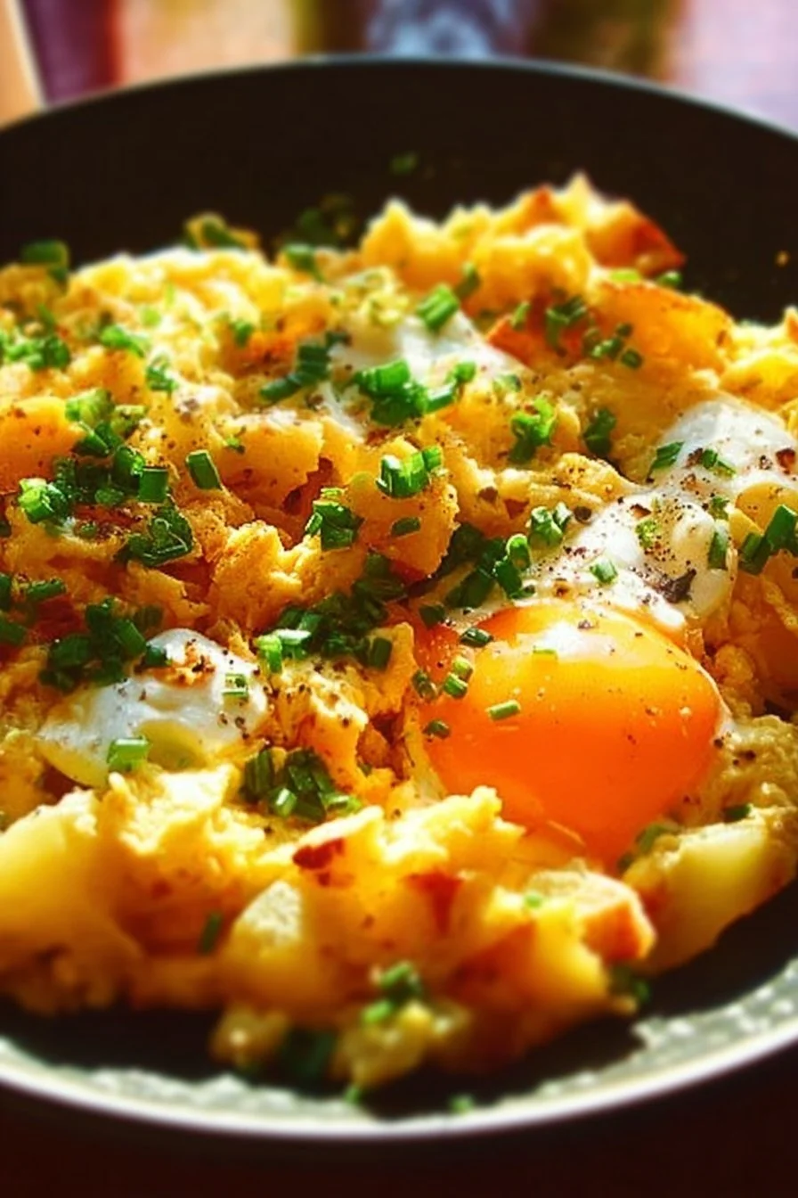 Cheesy potato egg scramble served in a bowl, garnished with herbs.