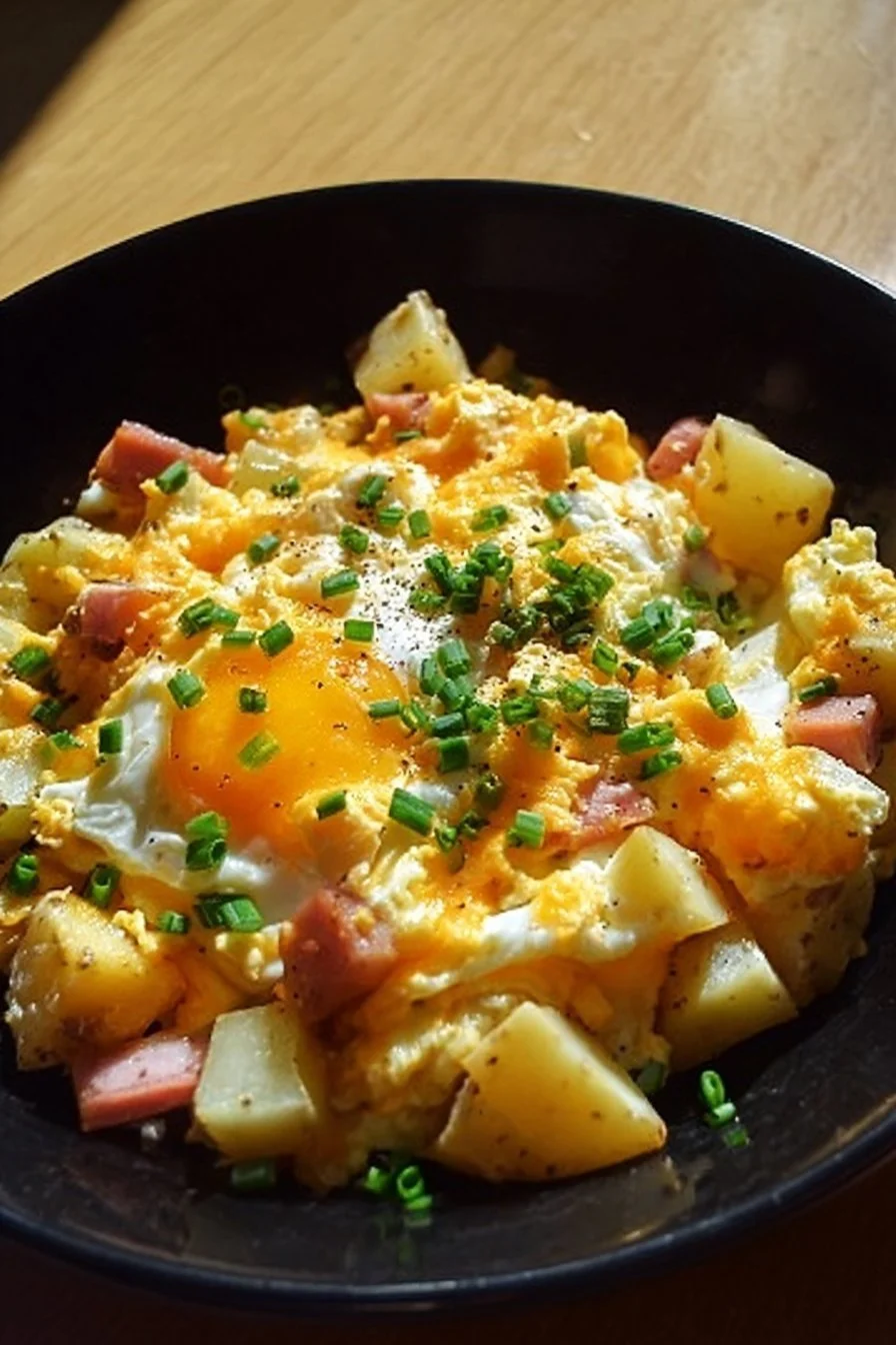 Delicious cheesy potato egg scramble served in a warm bowl.