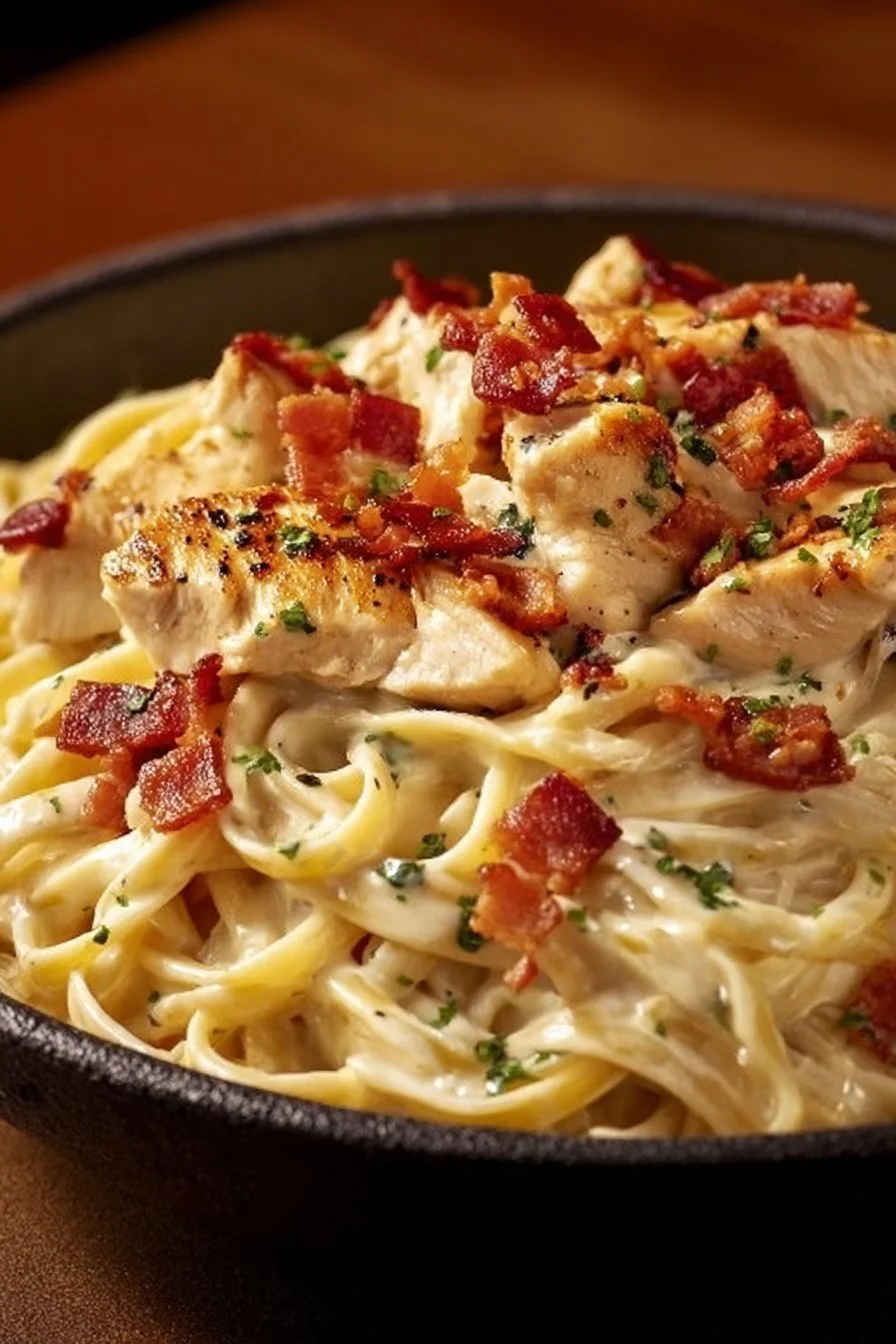 Delicious Chicken Bacon Ranch Pasta with creamy sauce and crispy bacon.