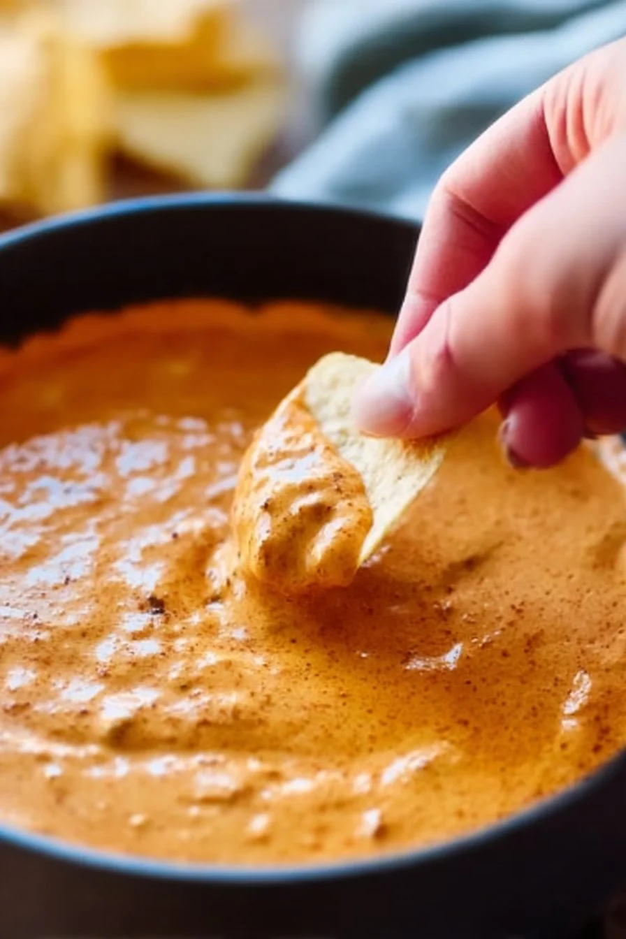 Delicious, creamy Chili Cheese Dip served with tortilla chips