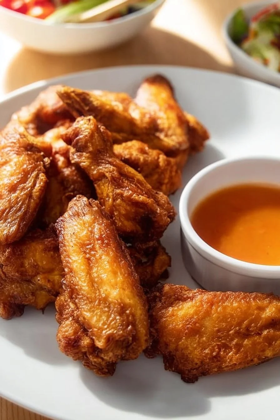 Crispy Chinese-style fried chicken wings served with dipping sauce