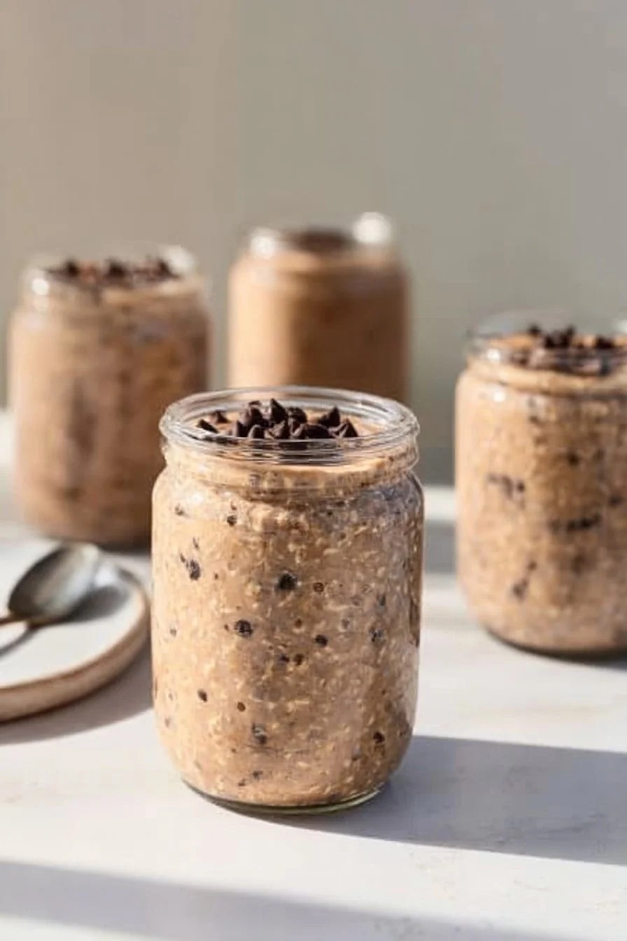 Bowl of chocolate protein overnight oats topped with fresh berries and nuts