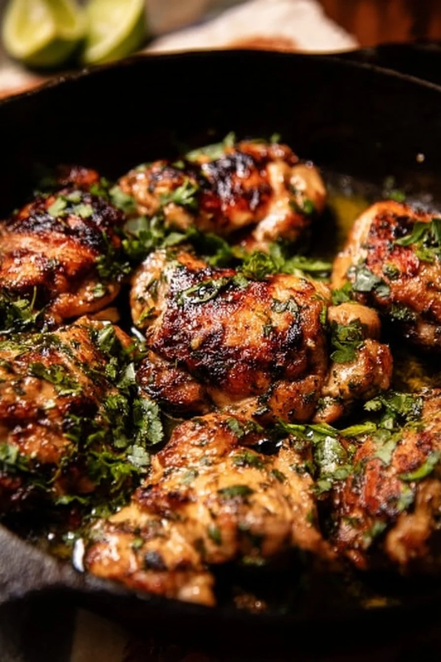 Juicy cilantro lime chicken served with fresh herbs and lime wedges.