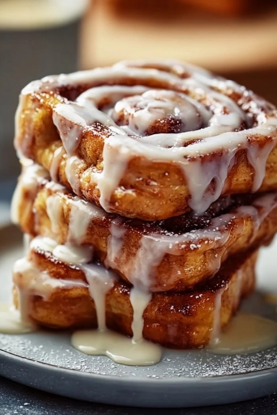 Delicious Cinnamon Roll French Toast topped with syrup and powdered sugar