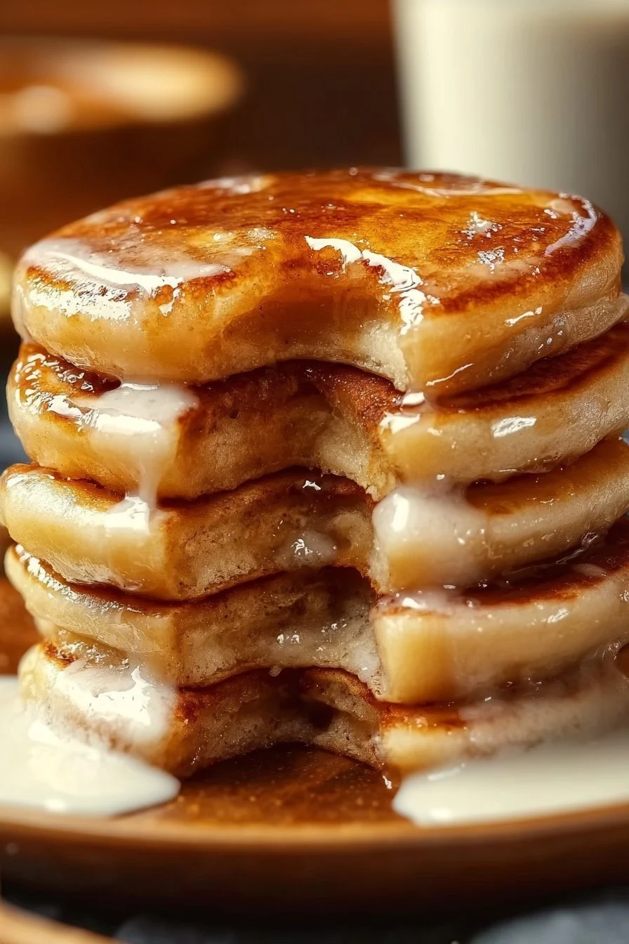 Delicious cinnamon roll pancakes topped with cream cheese icing and cinnamon swirl.