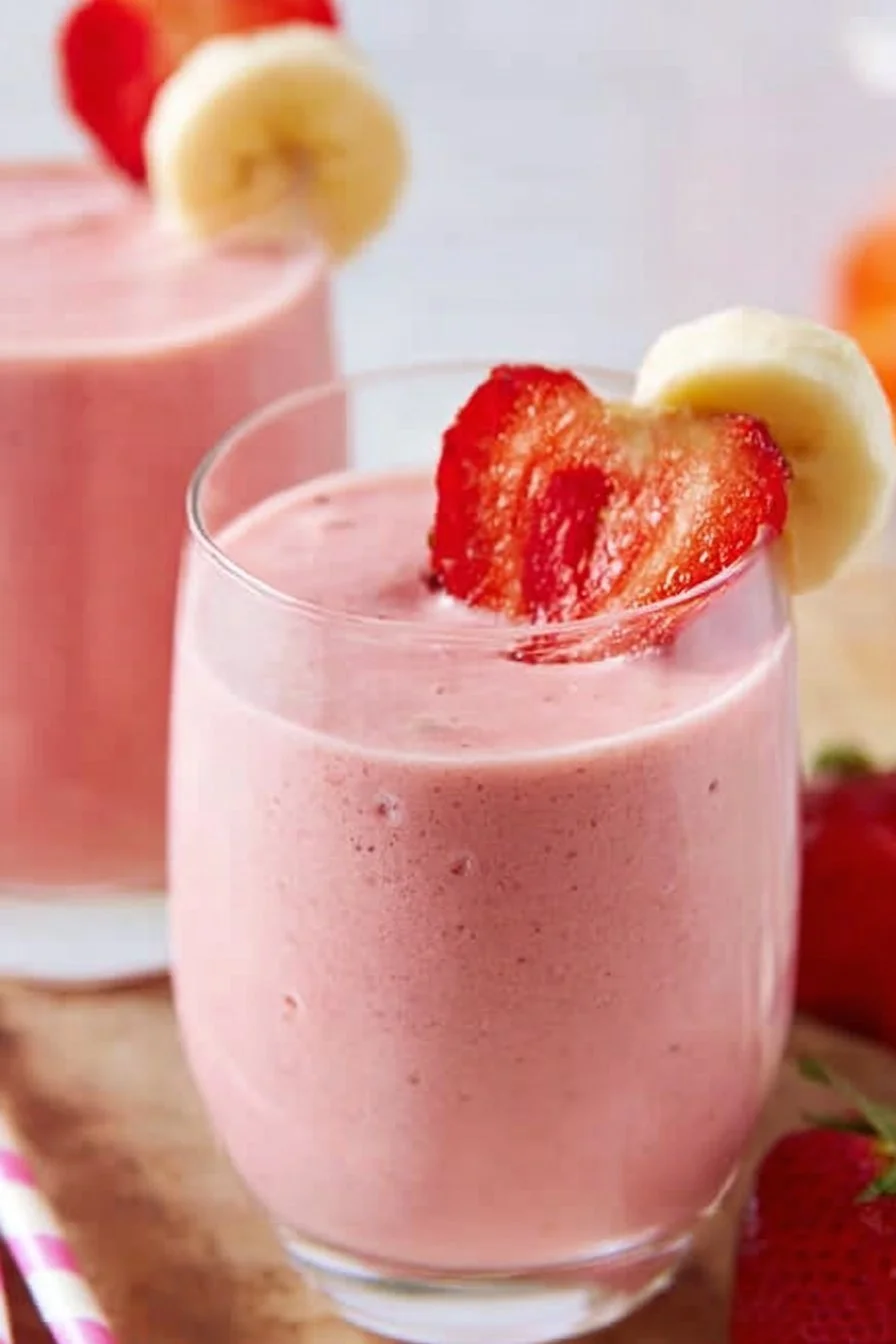 Classic strawberry banana smoothie in a glass with fresh strawberries and bananas