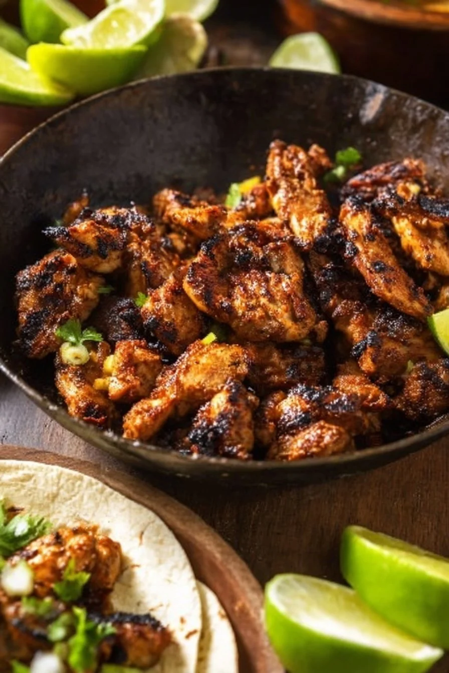 Plate of homemade copycat Chipotle Chicken with rice and beans