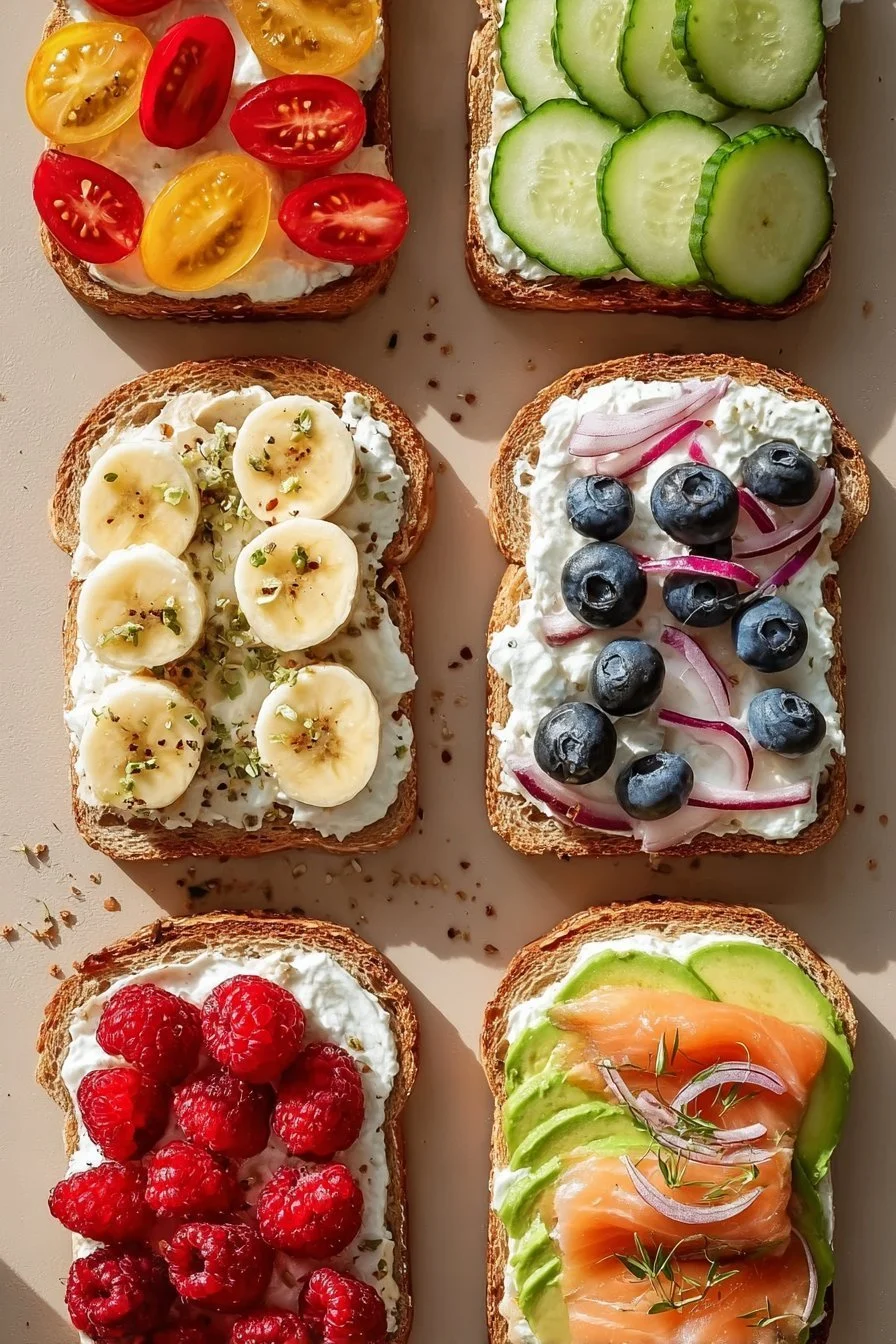 Cottage cheese breakfast toast topped with fruits and seeds