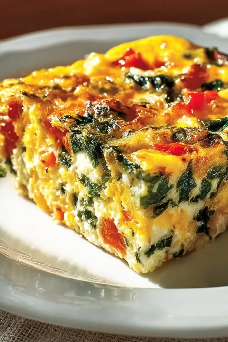 Cottage Cheese Egg Bake with colorful vegetables and herbs, served in a dish.