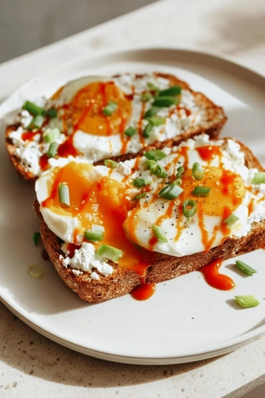 Cottage Cheese Egg and Sriracha Toast topped with fresh ingredients