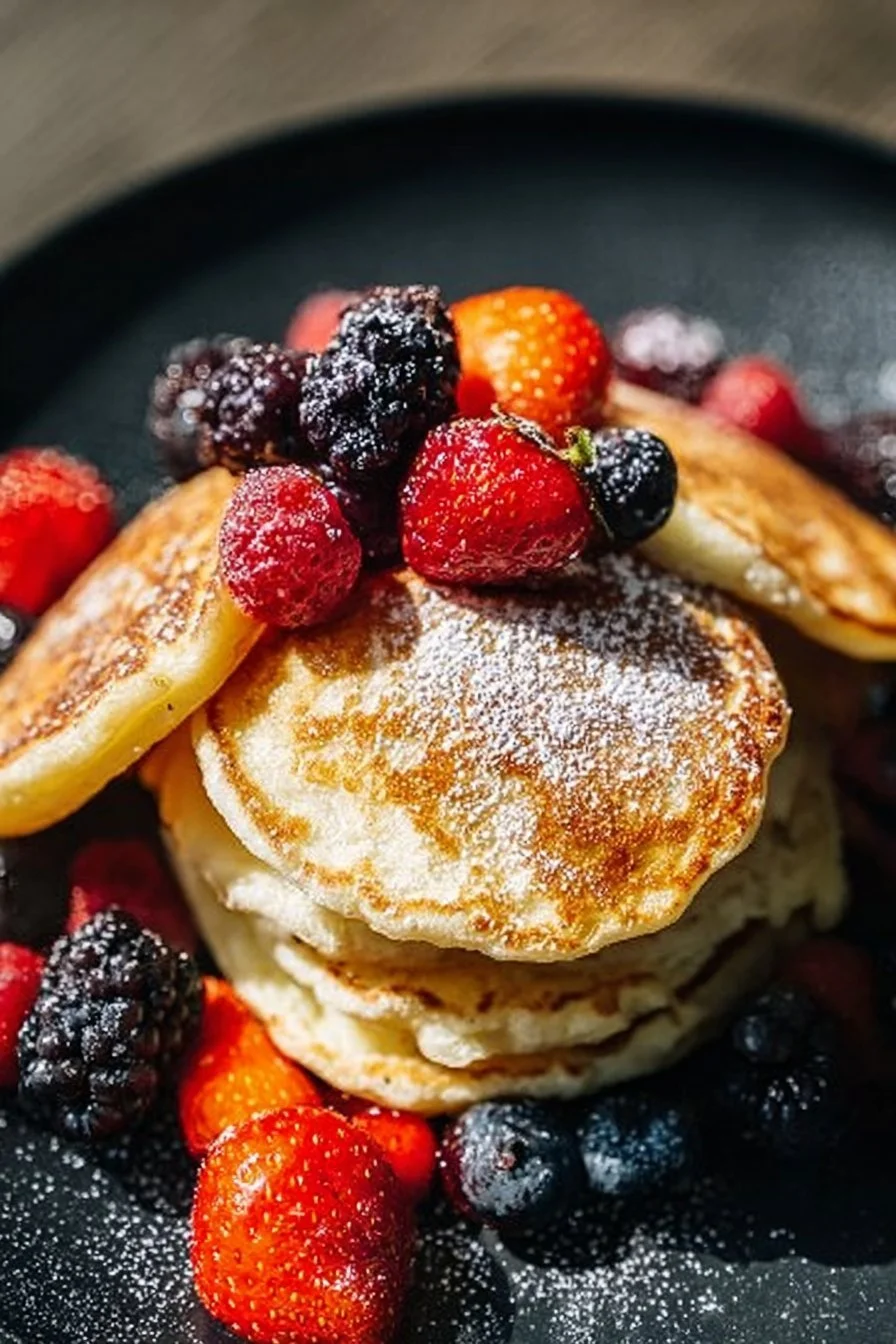 Fluffy cottage cheese pancakes topped with fresh fruit and syrup
