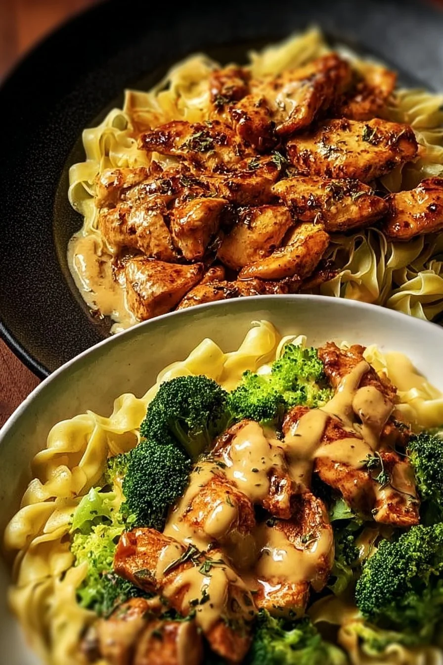 Cowboy Butter Lemon Bowtie Chicken served with Broccoli on a plate