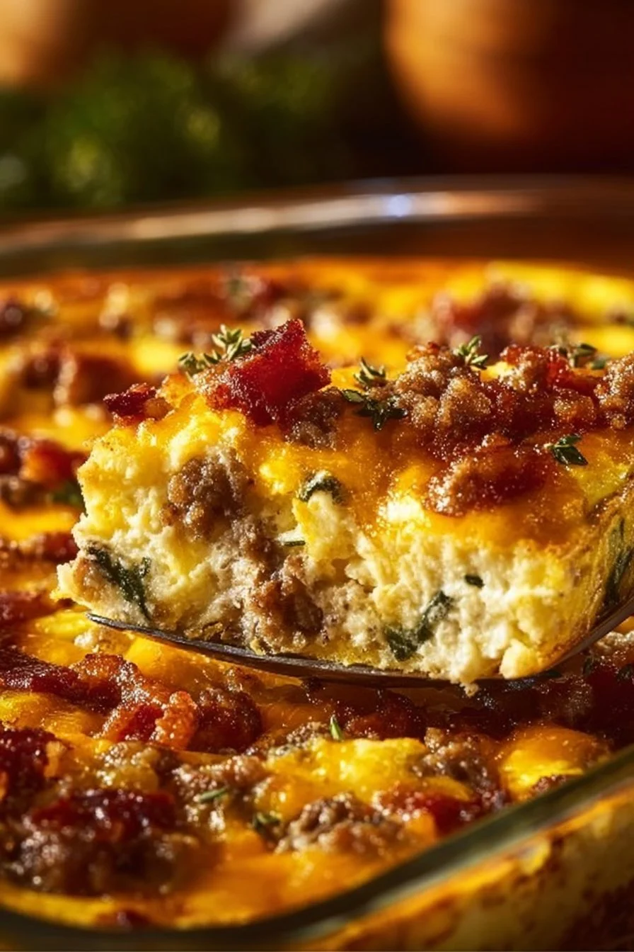 Delicious Crack Breakfast Casserole served on a plate with fresh herbs.