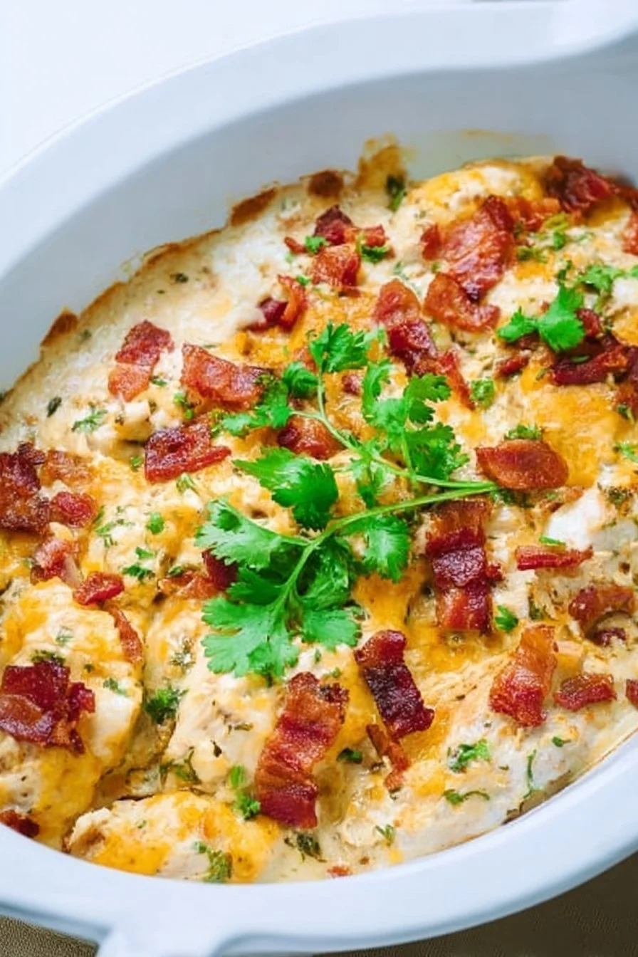 Deliciously creamy Crack Chicken served on a plate with herbs.