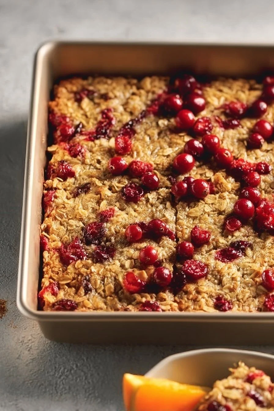 Cranberry orange baked oatmeal served in a bowl with fresh fruit on top