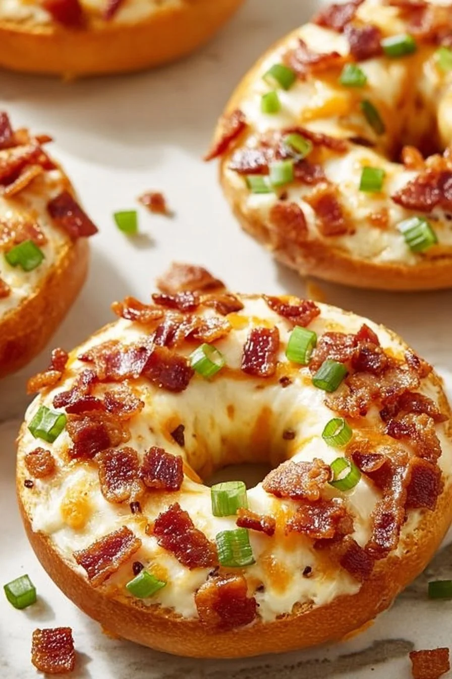 Creamy bacon cheddar bagels topped with cheese and crispy bacon