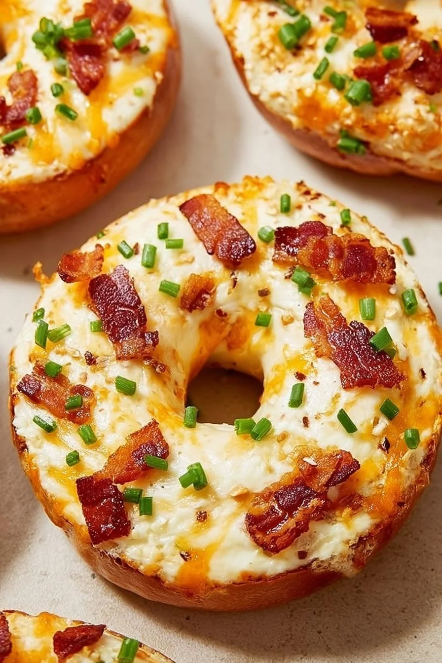Creamy bacon cheddar bagels fresh out of the oven, perfect breakfast food.