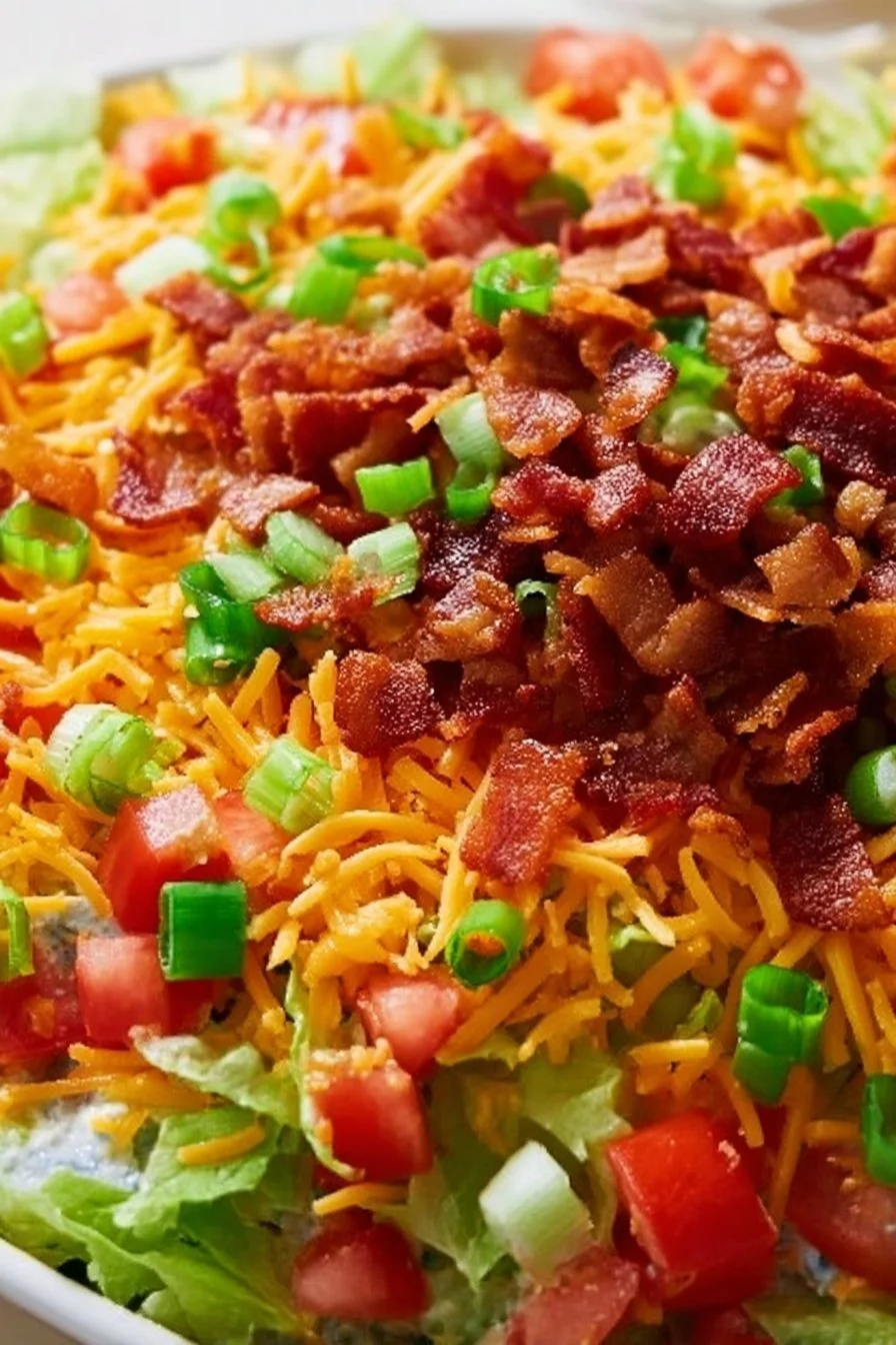 Creamy BLT dip served in a bowl with crispy bacon and fresh lettuce