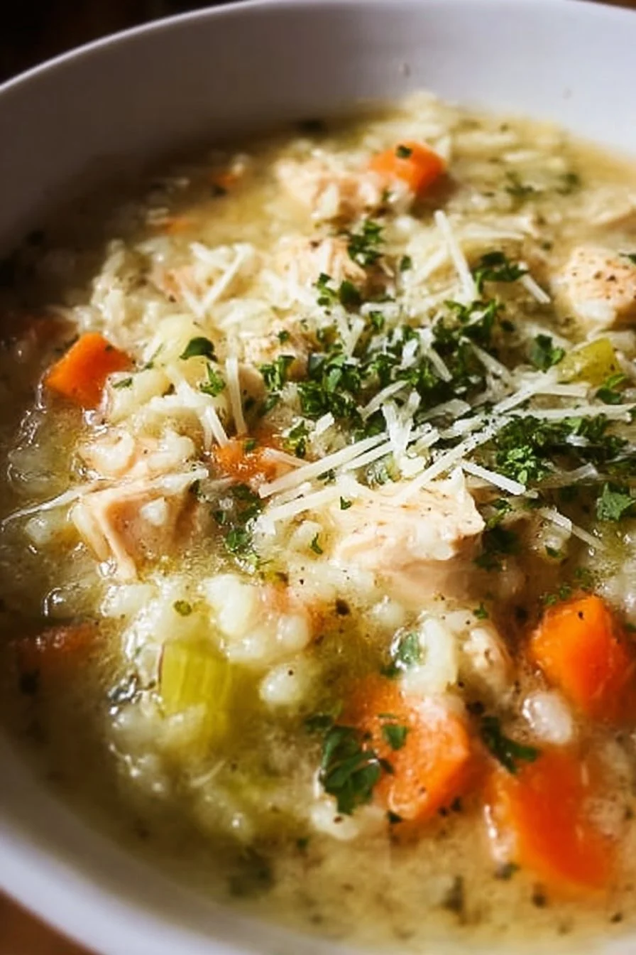 Delicious creamy chicken and rice soup in a bowl with herbs on top.